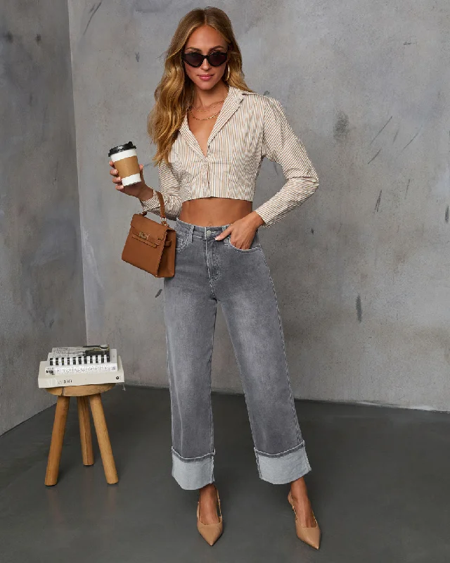 Deal Mania Bowie Cropped Striped Collared Top