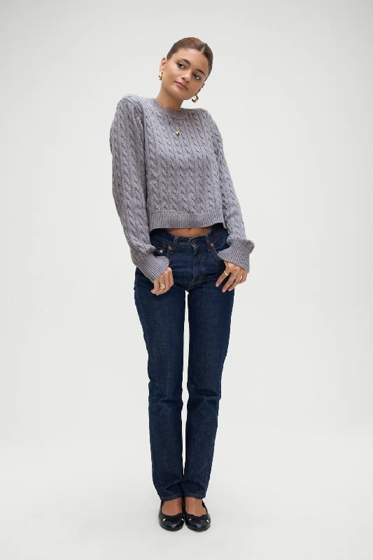 Don't Miss Varsity Cable Knit Sweater - Rain Cloud