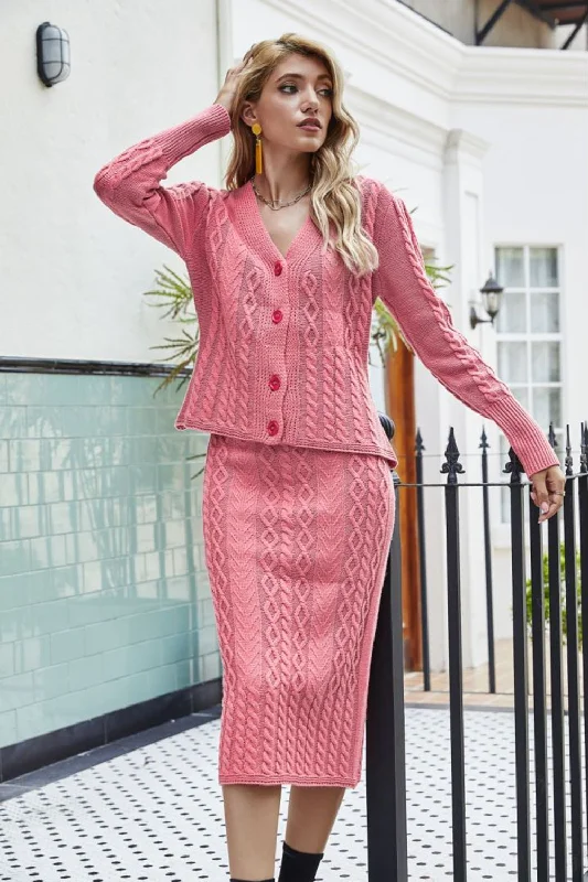 Super Bargain Knit V-Neck Cardigan and Knit Skirt Set