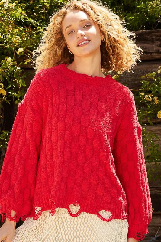 Early Access POL Checkered Distressed Edge Sweater