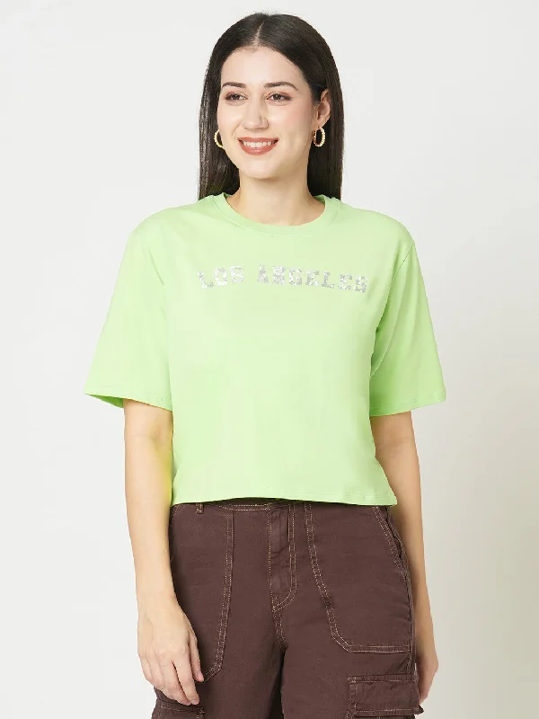 Time-Sensitive Women Slim Fit Leafy Solid Crop Chest Print T-Shirt