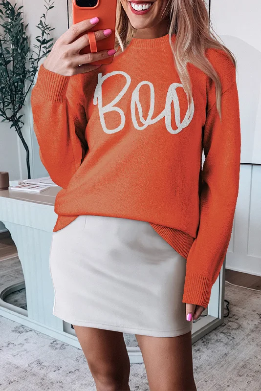 Discount Deals KaleaBoutique Boo Knitted Pattern Ribbed Edge Drop Shoulder Sweater