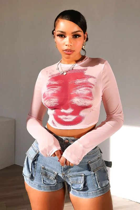 Seasonal Sale Face Me Print Mesh Crop Top