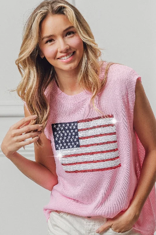 Weekend Extravaganza: Shop Now Pink American Flag Sequin Knit Top