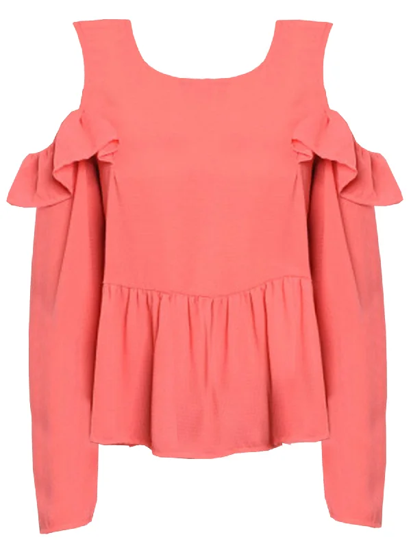 Savings Bonanza Coral Pink Womens Cold Shoulder Ruffled Tunic Top Size Small