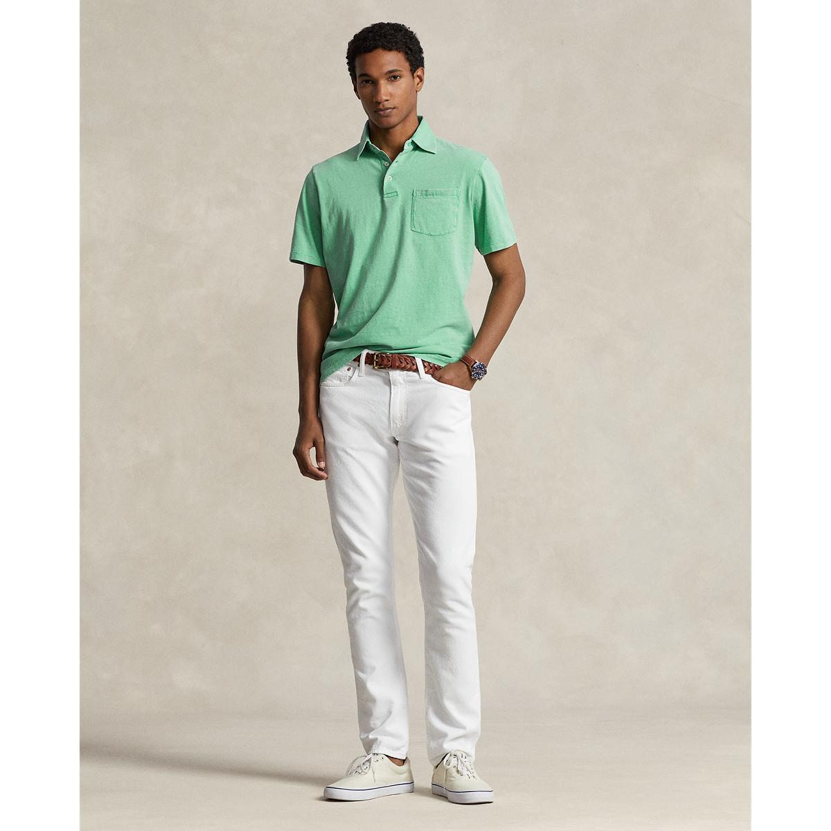Can't Be Beat Short Sleeve Cotton Linen Polo with Pocket in Celadon