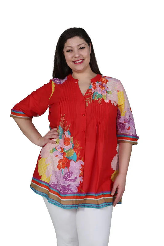 Weekend Savings Spree Plus Size Floral Border Print Tunic with Release Pleats