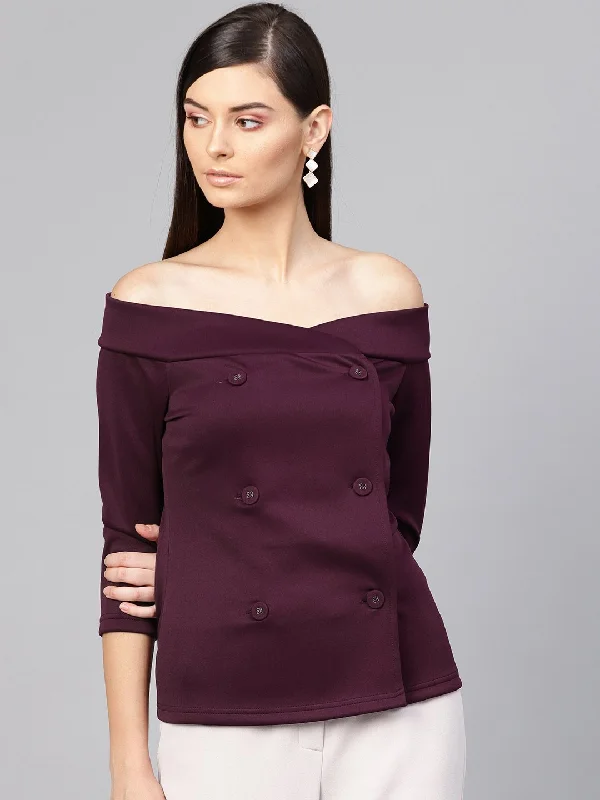 Weekend Discounts to Savor Purple Double Breasted Bardot Top