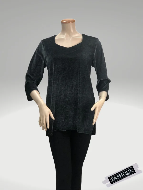 New Deals FASHQUE - BOYFRIEND NECKLINE 3/4 SLEEVE VELVET BASIC TOP - T615