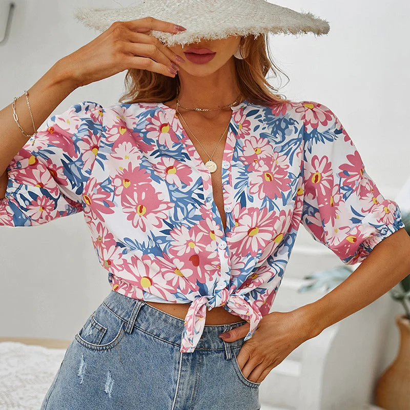 Weekend Deals That Dazzle Fashion Floral Tops Loose Casual Single Breasted Womens T Shirts Wholesale