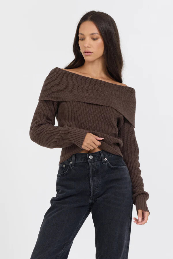 Crazy Deals Espresso Off the Shoulder Zip Back Sweater