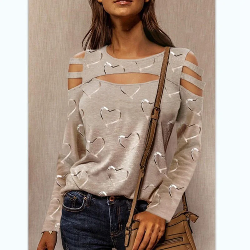 Midnight Madness Fashion Heart Print Tops Hollow Out Sexy Crew Neck Loose Wholesale Womens Long Sleeve T Shirts