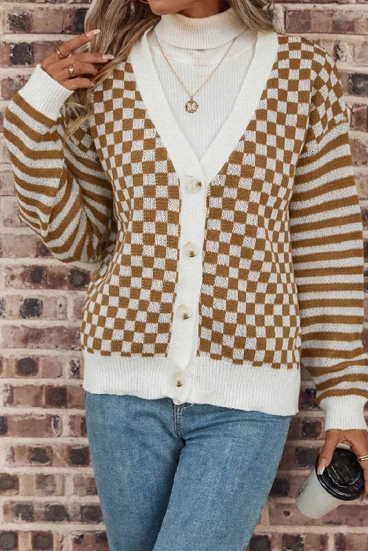 Weekend Deals That Excite Checkered Striped Patched Buttoned V Neck Cardigan