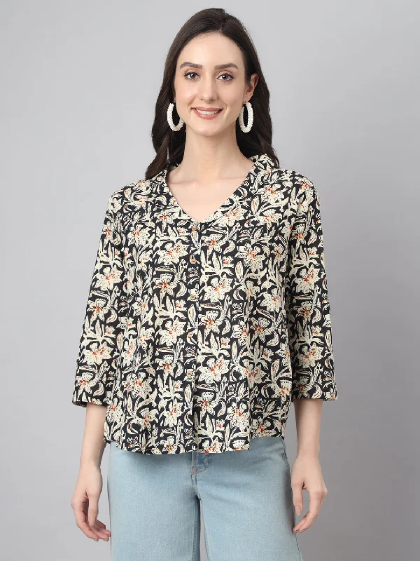 Instant Discount Black Cotton Floral Print Top