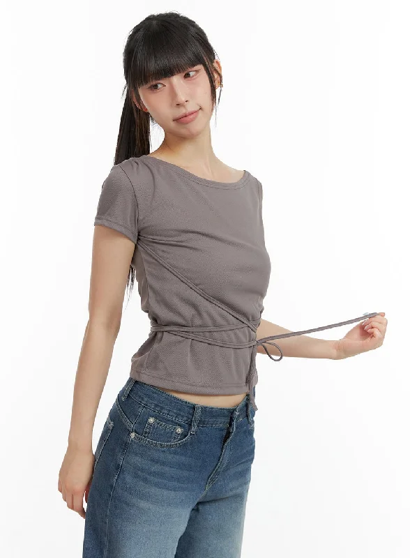 Weekend Offers That Shine Solid Ribbon Wrap Shirt CL422