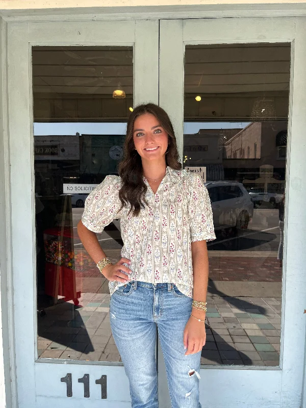 Can't Be Beat Almond Block Print Blouse