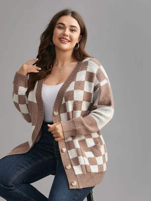Weekend Bargains Just for You Checkered V-Neck Button Front Knit Cardigan