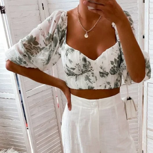 Weekend Deal Lantern Sleeve V-Neck Long-Sleeved Floral Short Shirt Wholesale Womens Tops