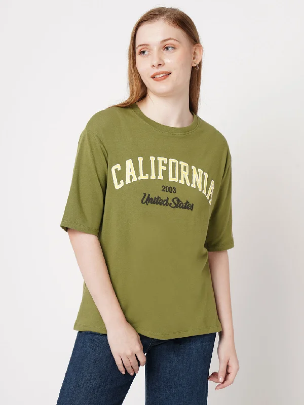 Weekend Deals to Make You Smile Women Printed Slim Fit OLIVE Tshirts