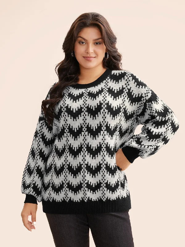 Price Slash Geometric Jacquard Drop Shoulder Sleeve Pullover