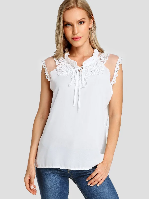 Weekend Offers That Shine Custom V-Neck Plain Crochet Lace Embellished Self-Tie Sleeveless T-Shirts Weekend Offers That Shine Custom V-Neck Plain Crochet Lace Embellished Self-Tie Sleeveless T-Shirts