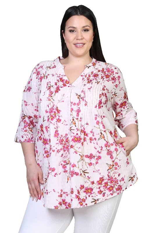 Weekend Deals to Brighten Your Day Pleat Front Floral Print Cotton Top - Plus Size