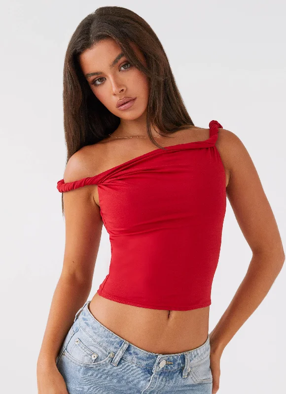 Weekend Steals Await Solace Soul Twist Shoulder Top - Red