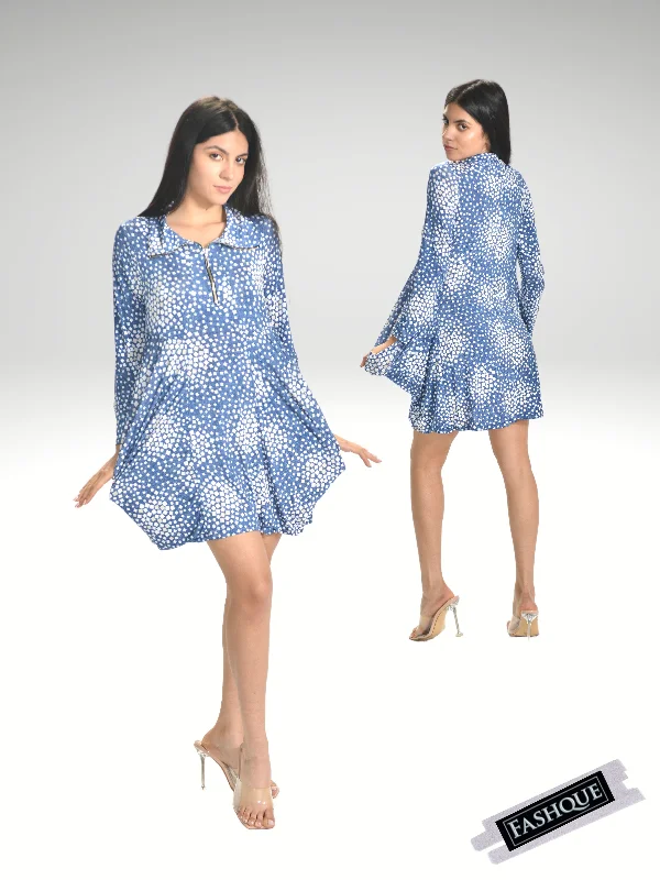 Fantastic Savings FASHQUE -Long Sleeves Kangaroo Pocket Zipper Front Digital Print Dress/Tunic with Caller- T627