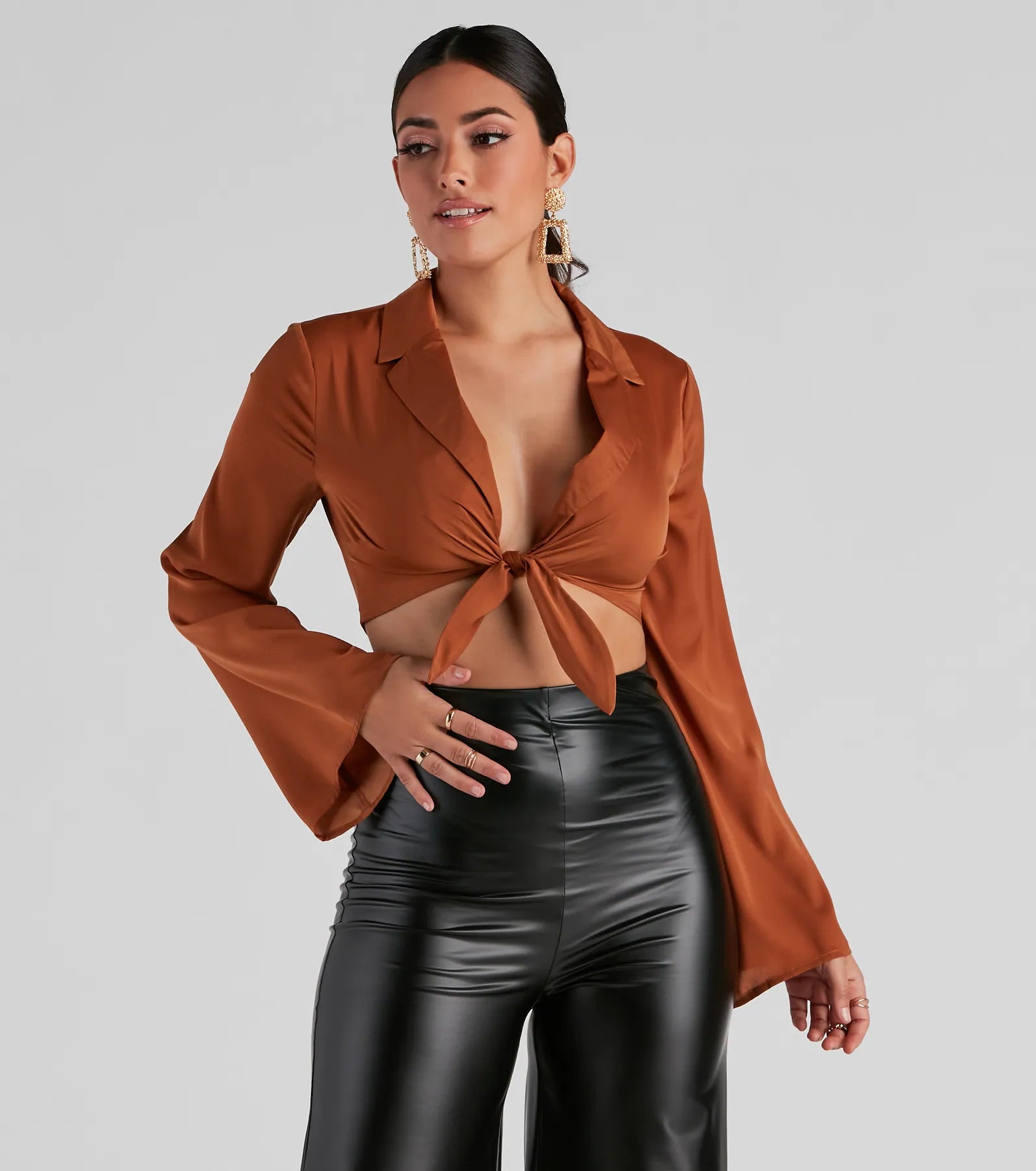Limited Offer Smooth Talker Satin Tie-Front Top