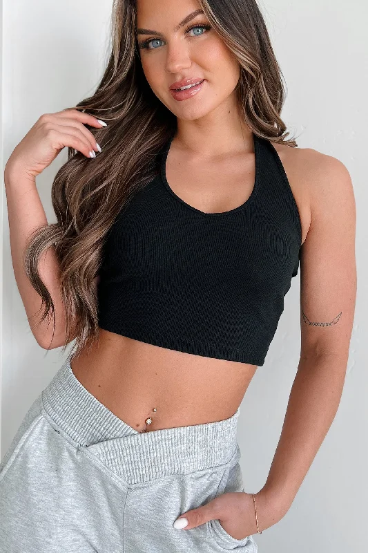 Year-End Sale Alive & Well Ribbed Halter Crop Top (Black)
