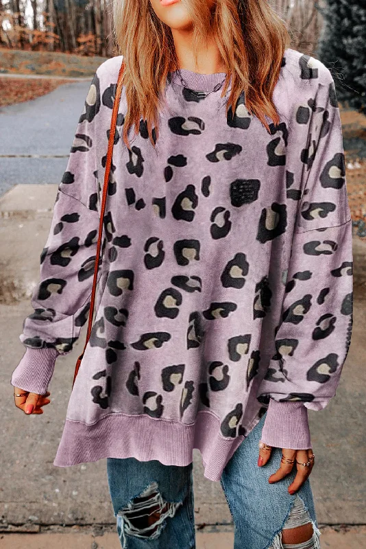 Value Deals Leopard Print Drop Shoulder Slit Oversized Sweatshirt