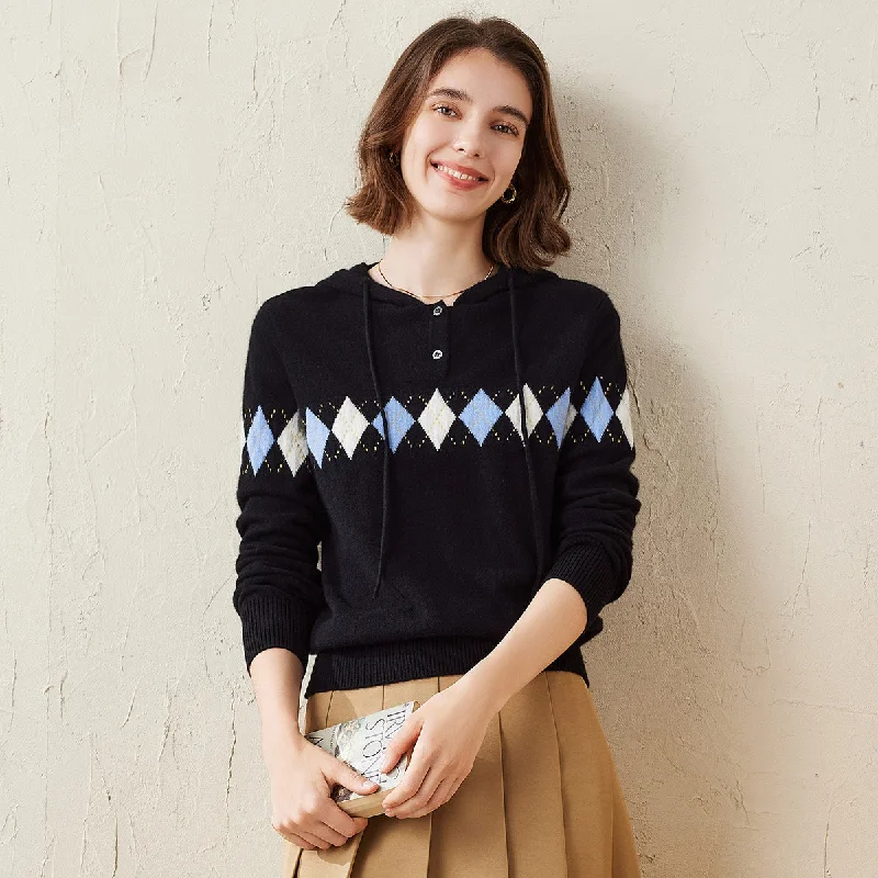 Final Markdown 100% Cashmere Argyle Knit Sweater Hoodie