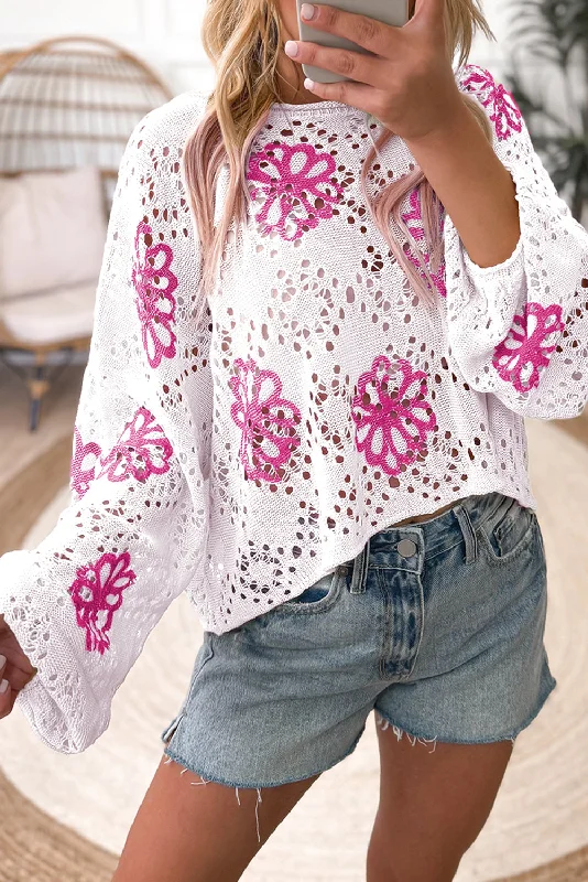 Super Bargain KaleaBoutique Contrast Flower Print Eyelet Drop Shoulder Sweater