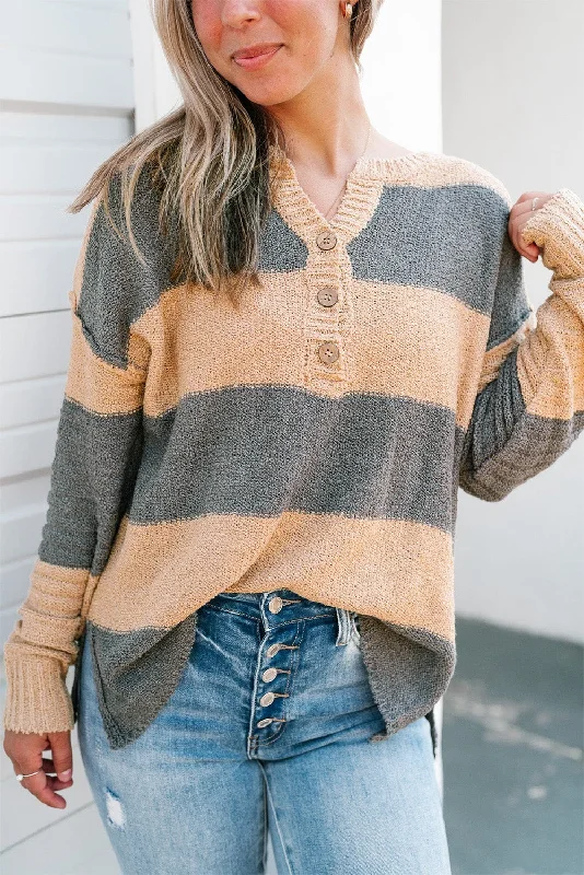 Weekend Savings Sensation Khaki Colorblock Ribbed Contrast Trim Henley Sweater