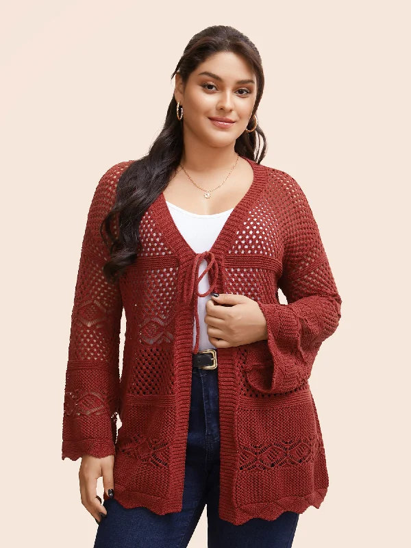 Overstock Texture Tie Knot Bell Sleeve Cardigan