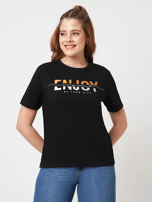 Weekend Deals to Make You Smile Women Slim Fit Black Boxy T-Shirt Chest Print