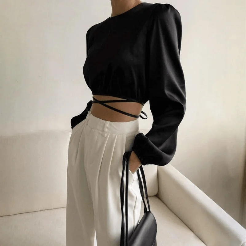 Discount Mania Satin Black Long Sleeve Top