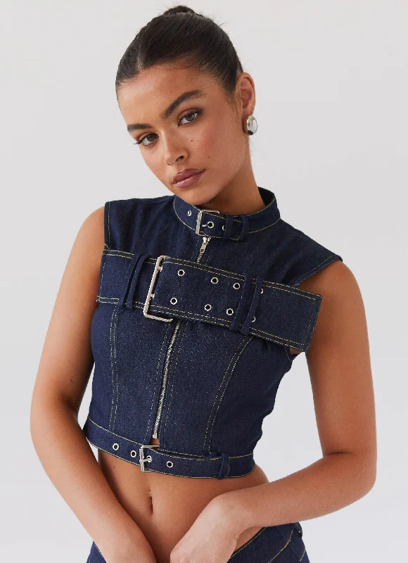 Price Rollback Greedy Denim Buckle Top - Indigo