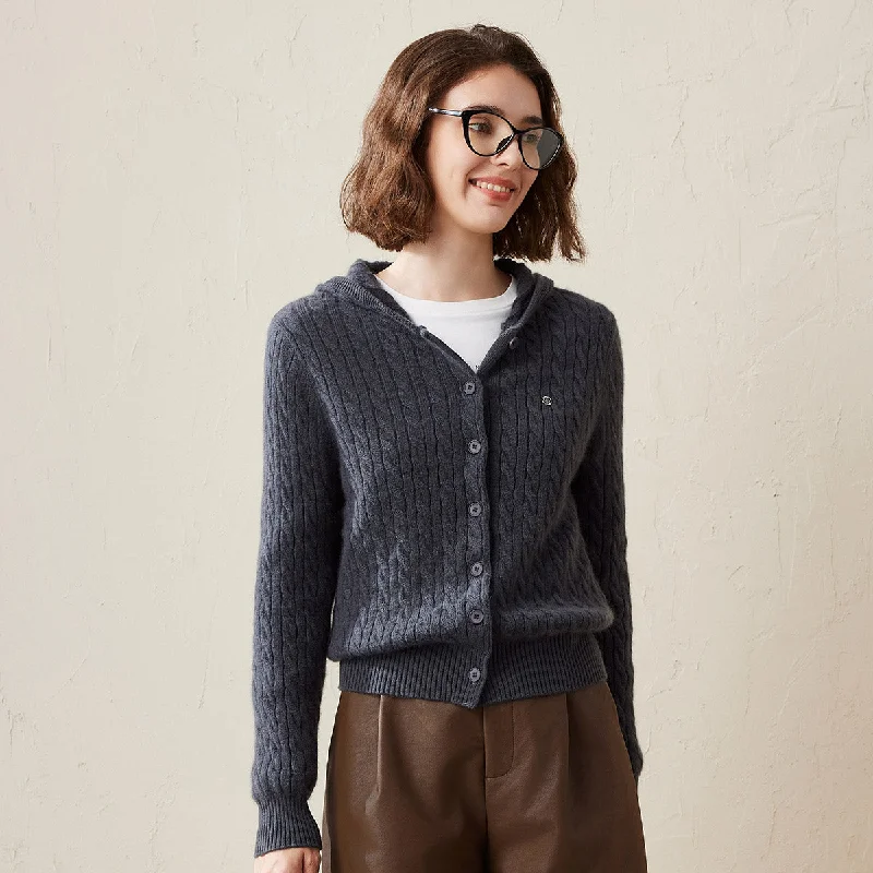 Deal Mania 100% Cashmere Cable Knit Hooded Cardigan