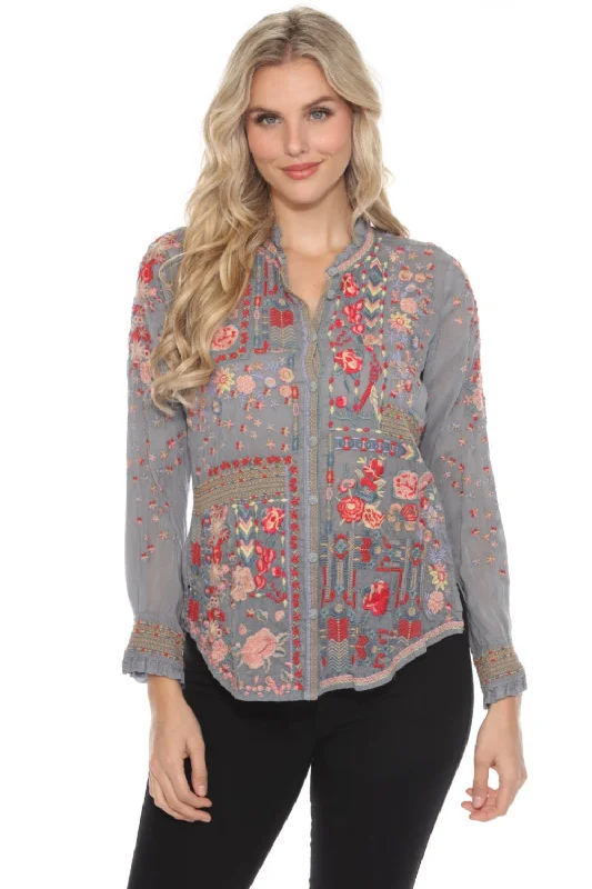 Warehouse Sale Johnny Was Grey Embroidered Button-Down Blouse JW01