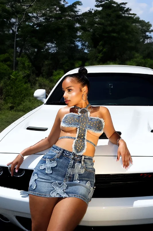 Weekend Savings Spree Always Be Cool Stud Halter Denim Top