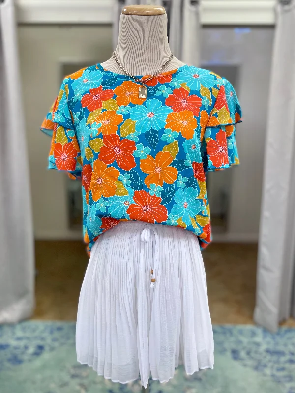 New Deal Ride The Wave Blue & Orange Floral Top