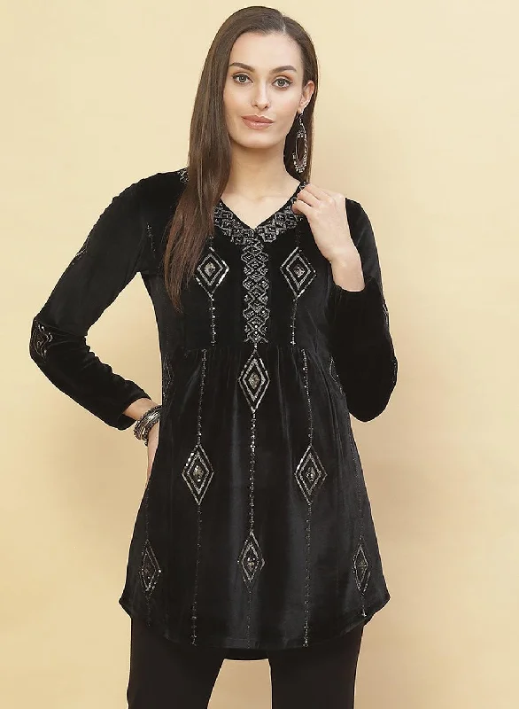 Daily Deals Charcoal Black Embroidered Velvet Tunic With Sequins