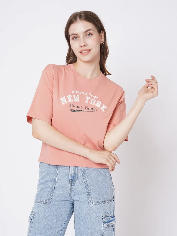 Hurry In Women Slim Fit Blush Pink  Crop T-Shirt Chest Print