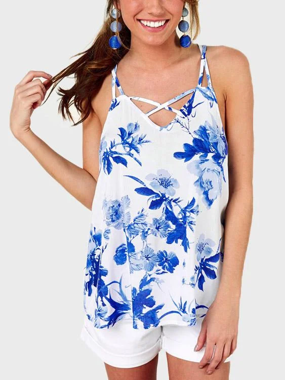Weekend Flash Sale Custom V-Neck Floral Print Hollow Sleeveless Grid Camis