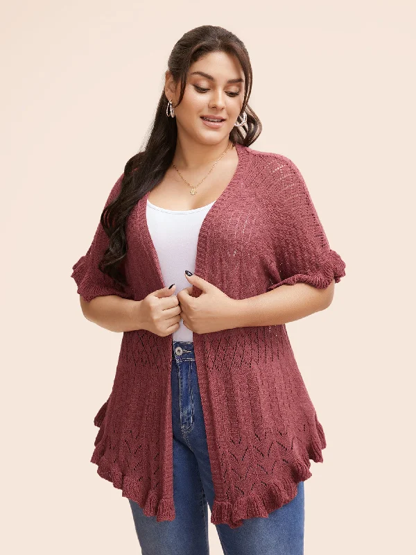 The Best Prices Plain Ruffles Pointelle Knit Cardigan