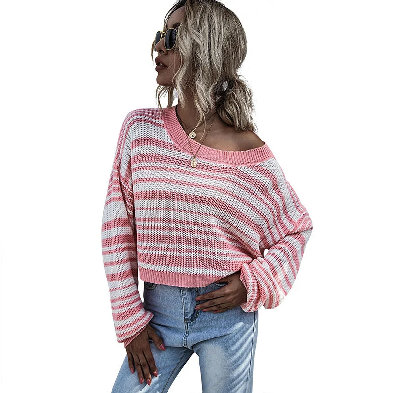 Weekend Special Women Wholesale Striped Round Neck Short Sweater