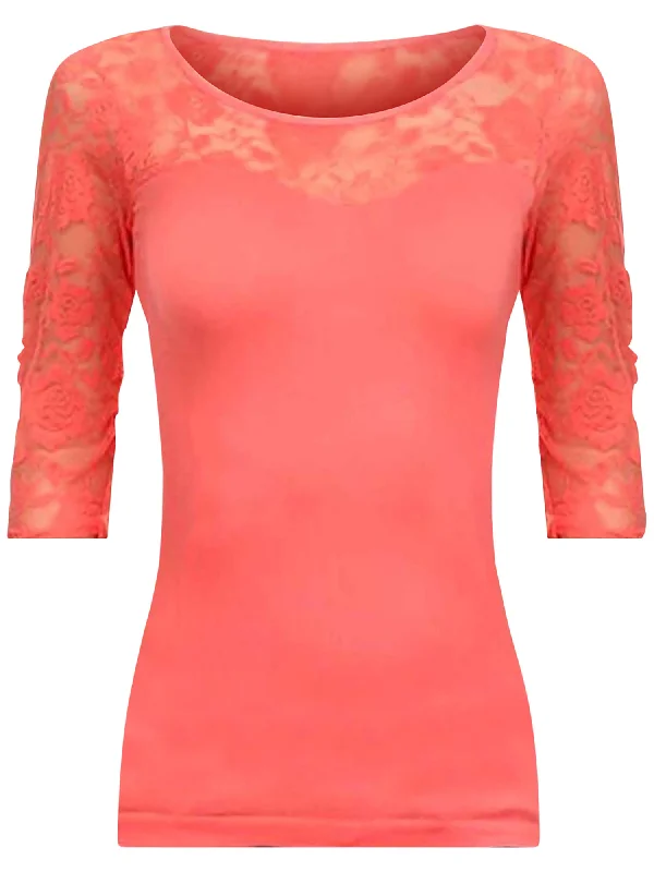 Sale Event Coral Pink Lightweight Three Quarter Sleeve Top With Lace Trim