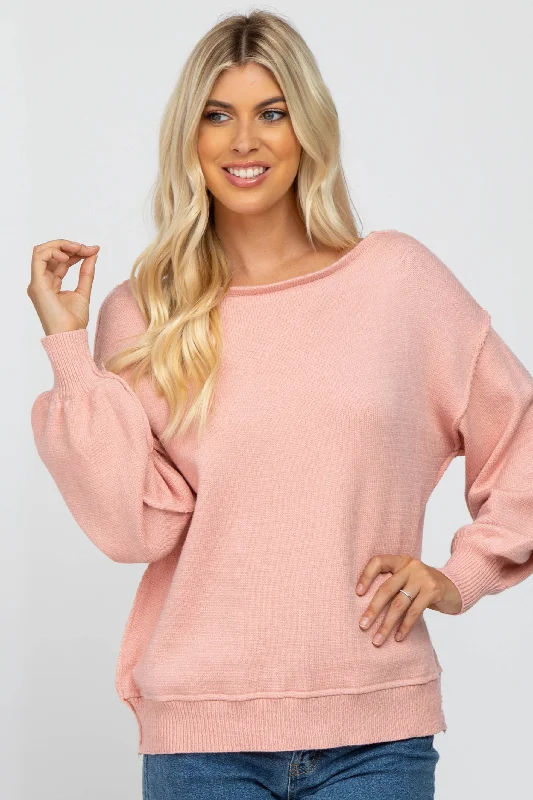 Crazy Savings Light Pink Boat Neck Bubble Sleeve Sweater