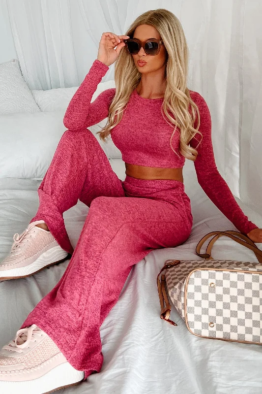 Clearance Sale Asa Heathered Knit Crop Top & Pants Set (Hot Pink)